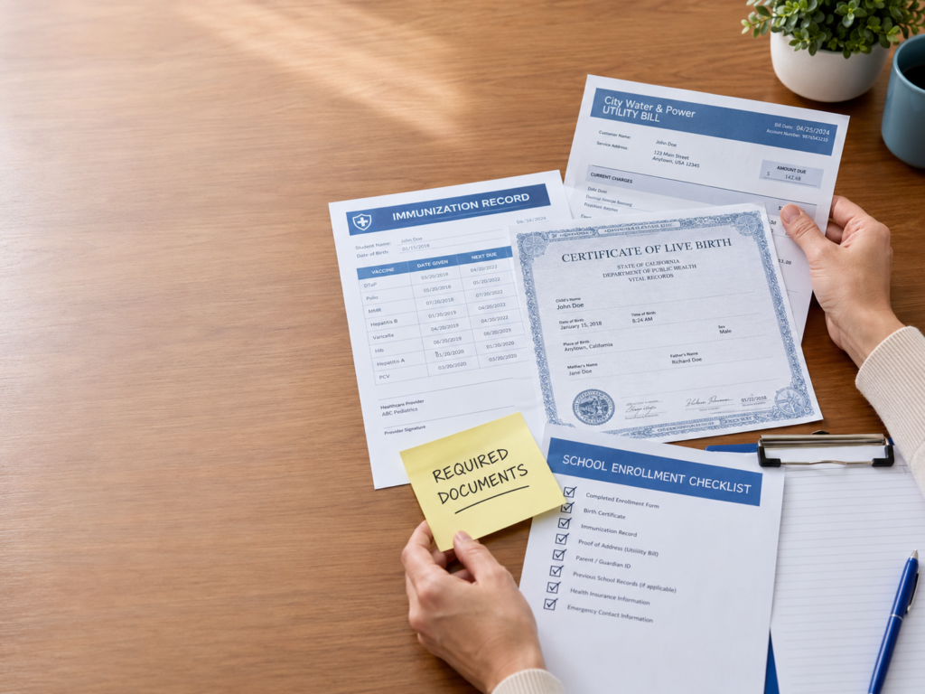 Required school enrollment documents including birth certificate, immunization records, and proof of address.